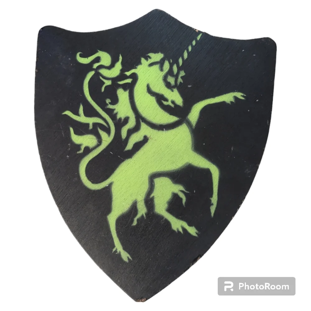 VTG Handmade Wooden Green Prancing Unicorn On Black Background Shield W Handle